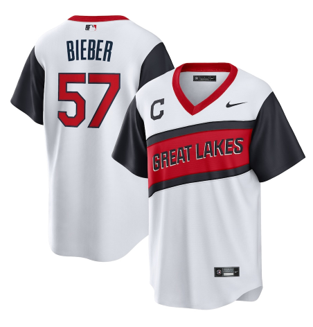 Men's Cleveland Indians #57 Shane Bieber 2021 White Little League Classic Home Cool Base Stitched Baseball Jersey Men's Cleveland Indians #57 Shane Bieber 2021 White Little League Classic Home Cool Base Stitched Baseball Jersey
